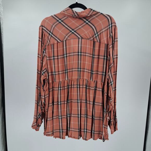 Torrid Peplum Top Plus 3X Plaid Twill‎ Button Front Long Sleeve Babydoll Pink - Picture 9 of 11